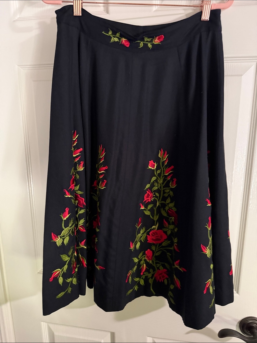 Neiman Marcus Black Midi Skirt with Red & Green Floral Embroidery